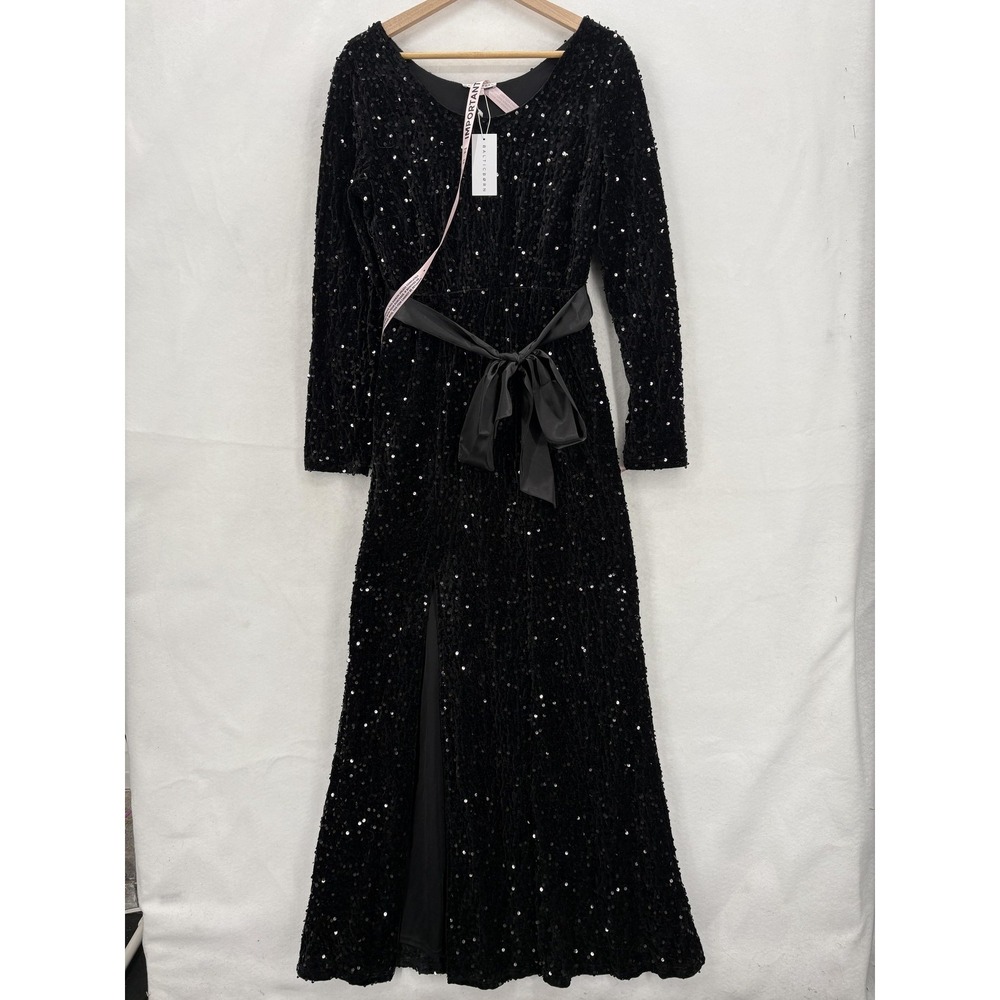 Baltic Born Julia Sequin Maxi Dress Womens Large Black Belted Evening Gown NWT